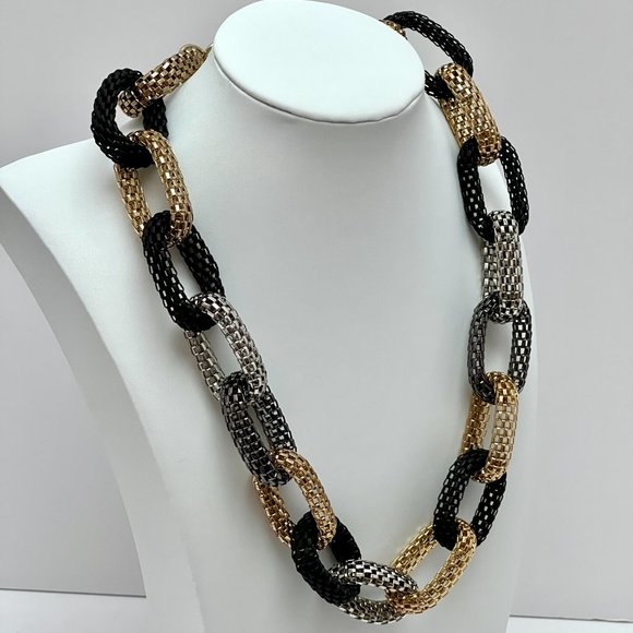 ❣️NEW❣️Debenhams Deco Rustic Mesh Oval Link Statement Collar Necklace Multi Tone - Picture 3 of 8